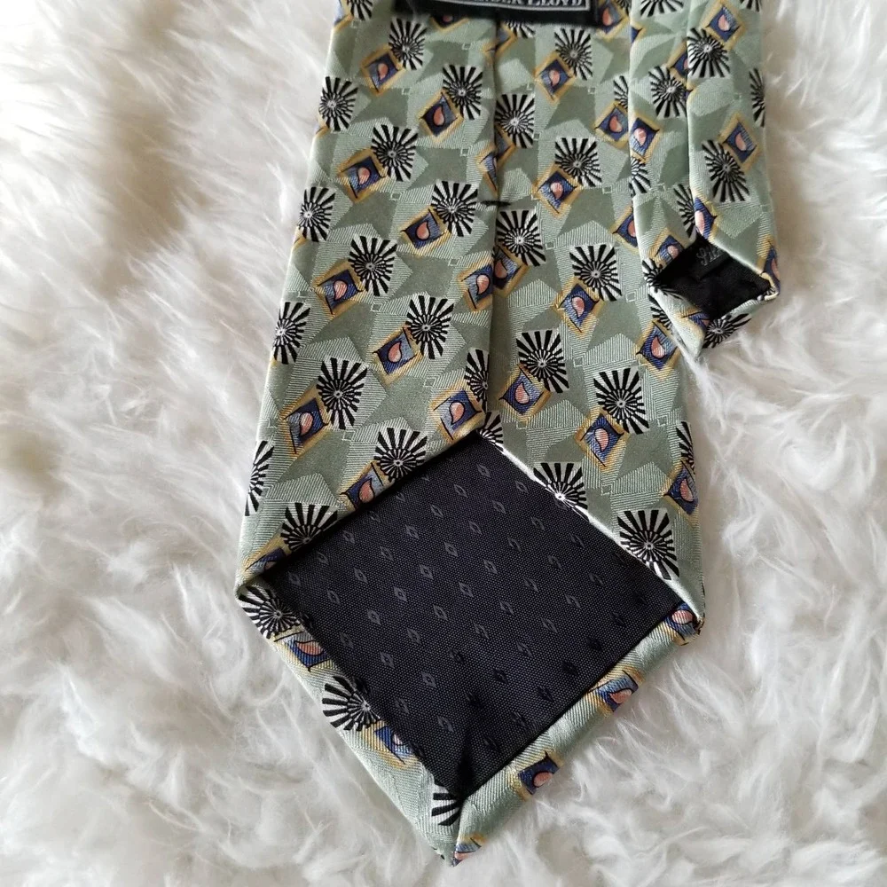 Vtg 90s mens silk tie Alexander Lloyd mint green geometric extra long 65 length